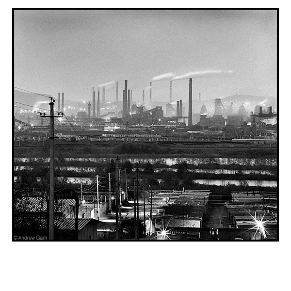 Night view Ural River, MMK Steel Works, Siberia