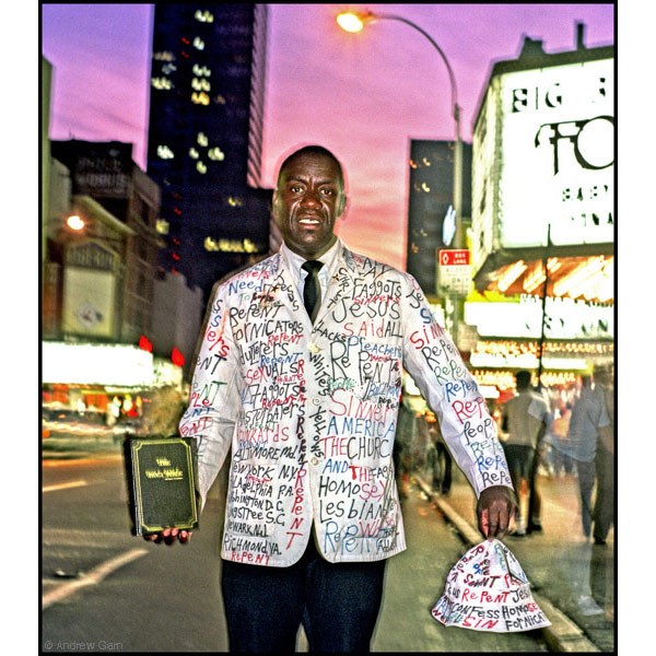 Rev. David Godard, street preacher, dusk, 42nd Street, NYC