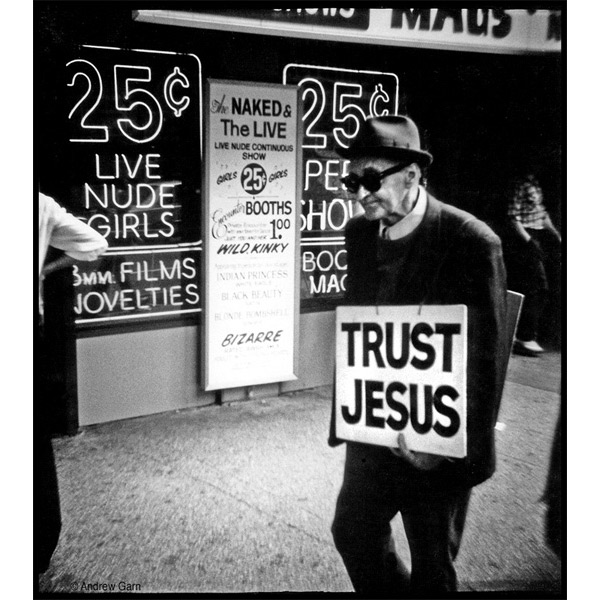 Trust Jesus, street preacher at Roxy Burlesque, 42nd Street, NYCg